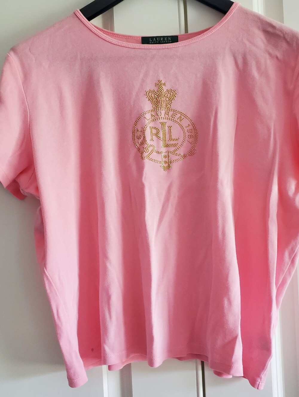 Lauren Ralph Lauren Pink Tee T-Shirt Tshirt Gold Bling Bedazzled Crest Crown XL